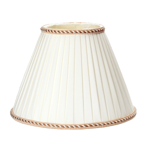 Konischer Lampenschirm in Creme-Weiß mit Stoffbezug und Zierborte für E27 Fassung.