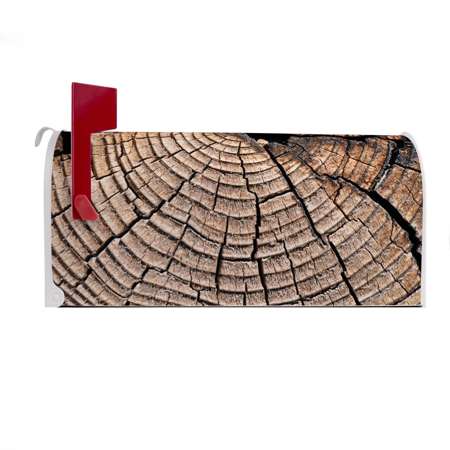 Weißer Banjado US Briefkasten mit Baumscheiben-Motiv und roter Fahne.