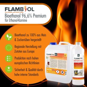 Flambiol Bioethanol 96,6% Premium, 12x5l Kanister für Ethanol-Kamine und Brenner.