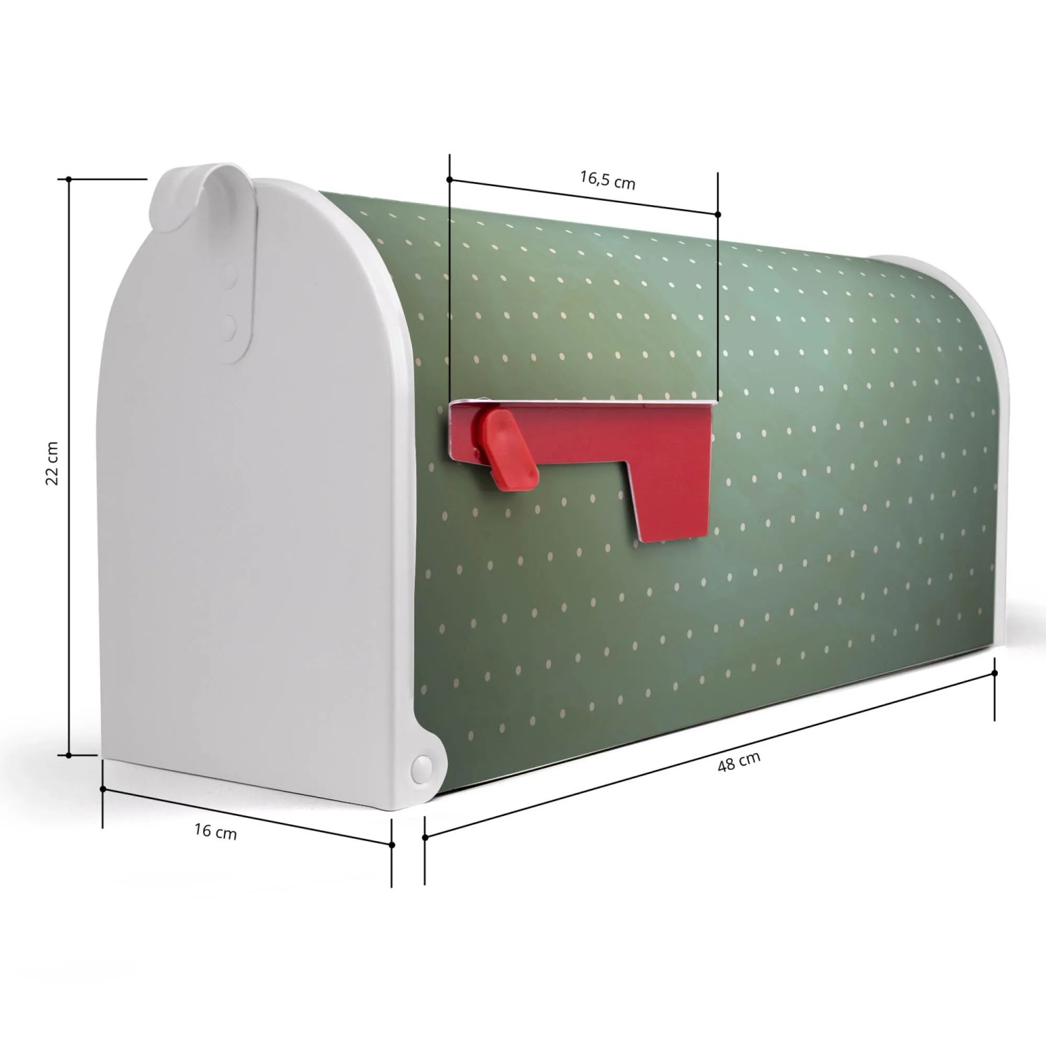 Weißer Banjado US Briefkasten mit Punktmuster und roter Fahne, Maße 48x22x16cm.