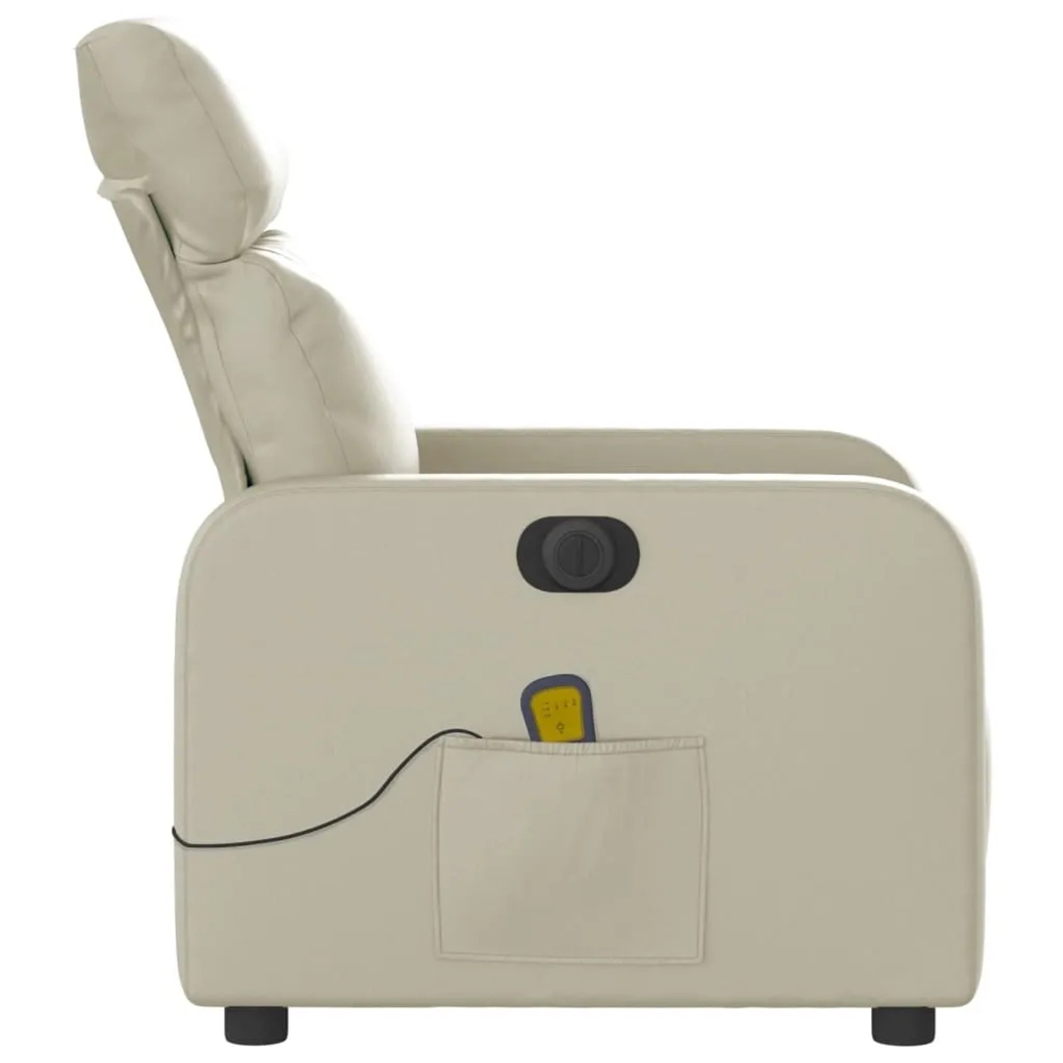 Elektrischer Massagesessel in Creme Kunstleder, Seitenansicht mit Fernbedienung in Tasche.