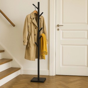 Relaxdays Garderobenständer Holz Schwarz 8 Haken Höhenverstellbar 177 cm x 30 cm x 30 cm 2,4 kg