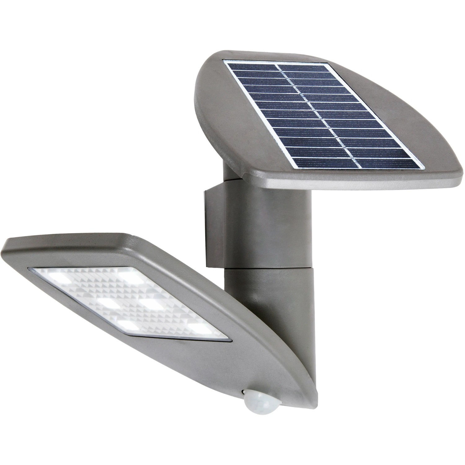 Moderne LED-Solarleuchte Zeta mit Bewegungsmelder und Solarpanel für die Wandmontage.