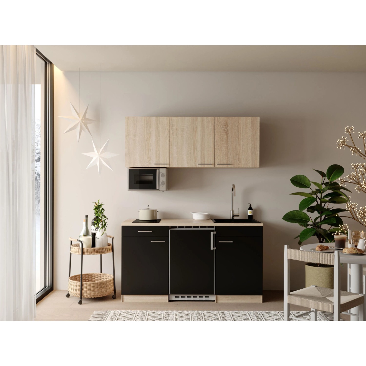 Respekta Ingrid Singleküche 150 cm Schwarz inkl. Mikrowelle & Kühlschrank