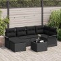 Schwarzes 7-teiliges vidaXL Garten-Sofa-Set aus Poly Rattan mit Tisch und Kissen.