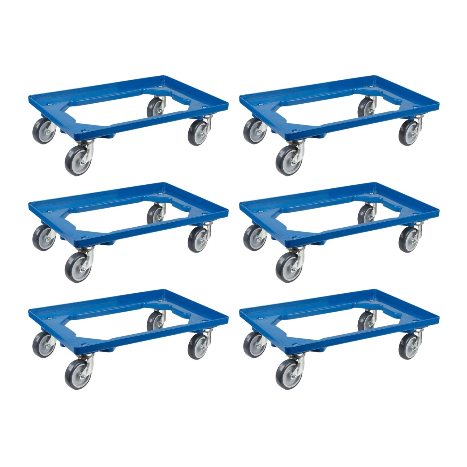 PROREGAL SparSet 6x Transportroller für Euroboxen 60 x 40 cm mit Gummiräder Blau Offenes Deck 2 Lenkrollen und 2 Bremsro