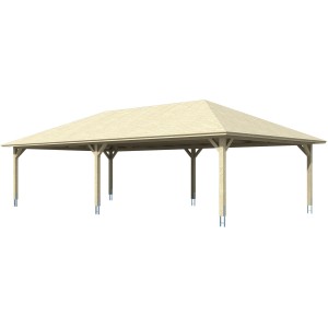 Skan Holz Carport Taunus, 1176x634 cm, Natur, aus Leimholz mit Zeltdach und Pfosten.