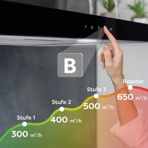 CIARRA Dunstabzugshaube: Touch-Bedienung und Leistungsstufen von 300 bis 650 m³/h für optimale Luftreinigung.