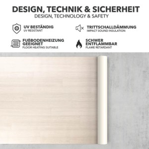 Karat CV Bodenbelag Atlantic Pure Oak, PVC-Boden in heller Holzoptik, gerollt und ausgelegt.