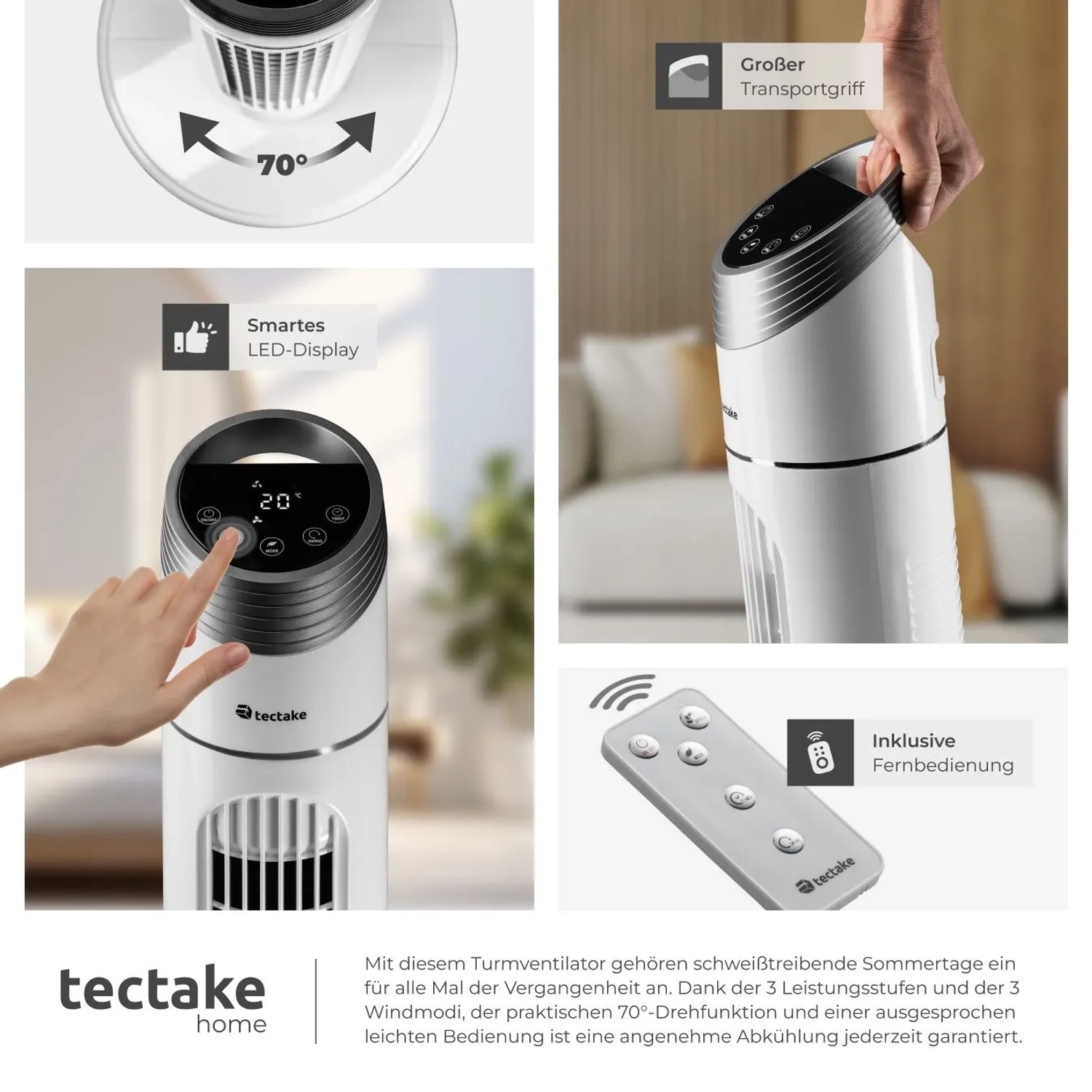 Weißer Tectake Turmventilator mit LED-Display, Fernbedienung und Oszillation Funktion.
