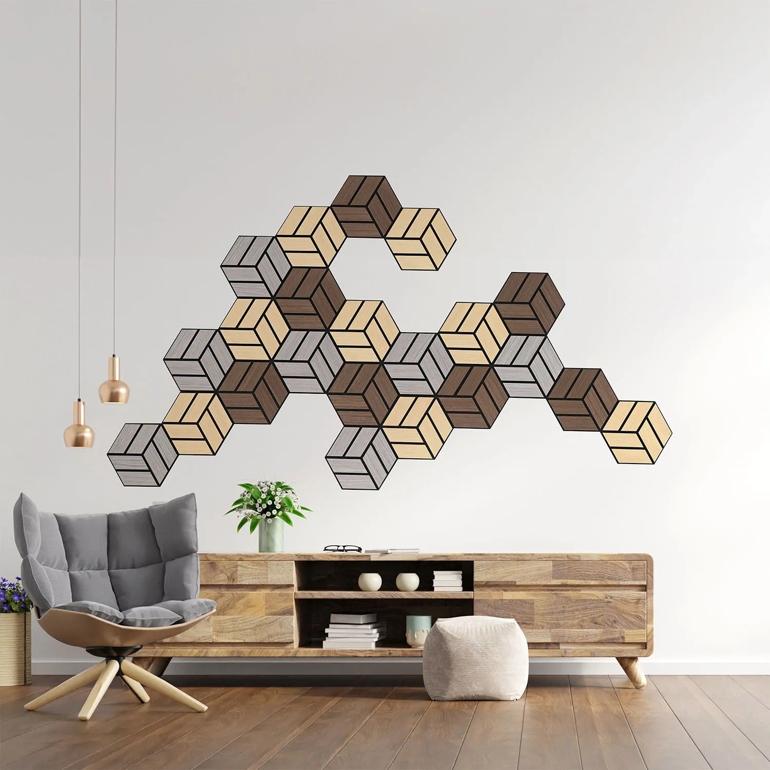 Homestyle4u Akustikpaneele in Braun, 4 sechseckige Wandpaneele aus Holz an einer Wand.