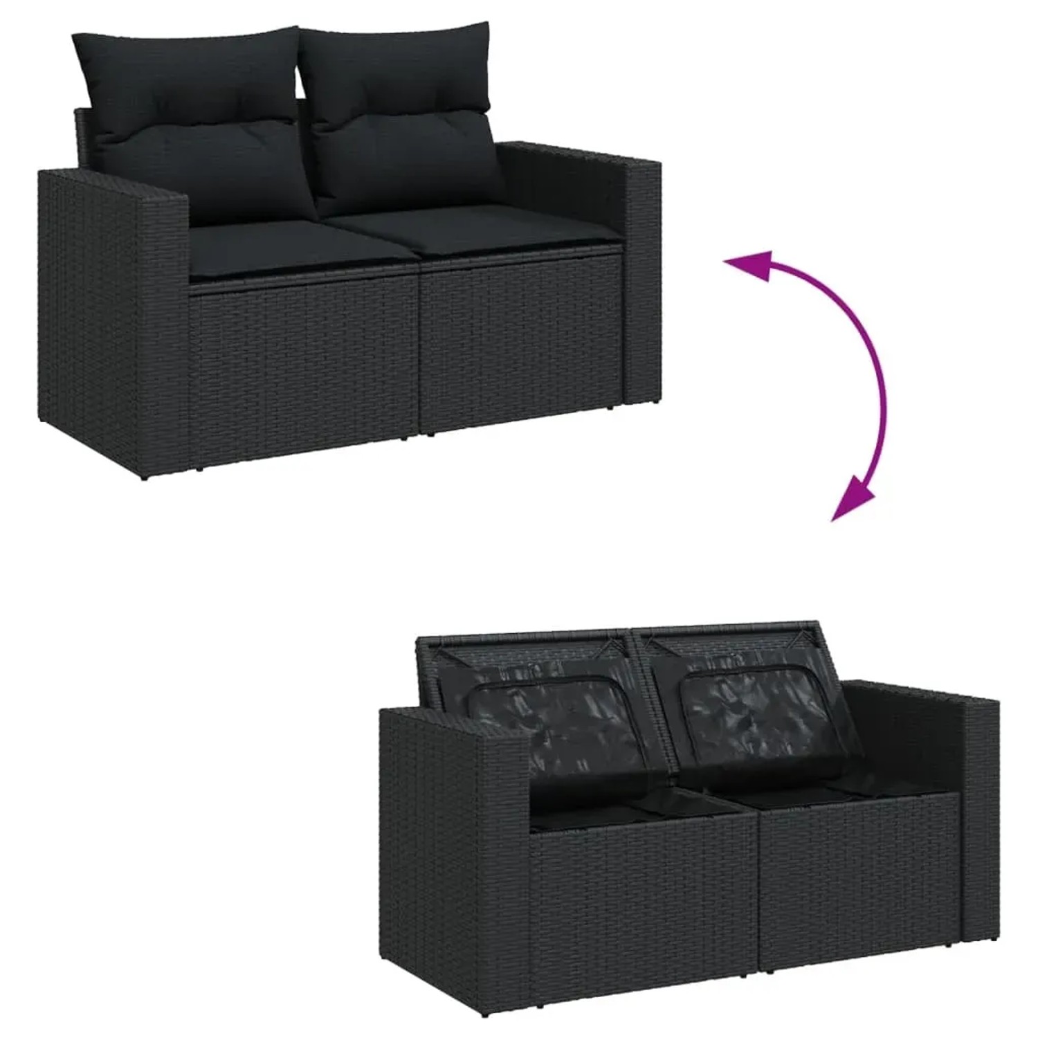 vidaXL Garten-Sofagarnitur, 7-teilig, schwarz, Poly Rattan, mit Kissen und Stauraum unter den Sitzen.