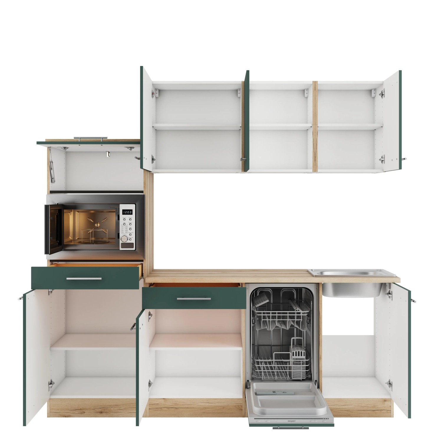 OPTIFIT Savona405 Küchenzeile 210 cm in Steingrün mit E-Geräten und Spüle.