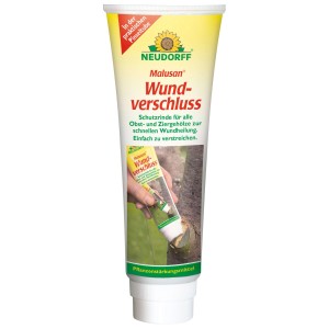 Neudorff Malusan Wundverschluss 275 ml in gelber Pinseltube. Zeigt Anwendung an Baumwunde für Obst- & Ziergehölze.