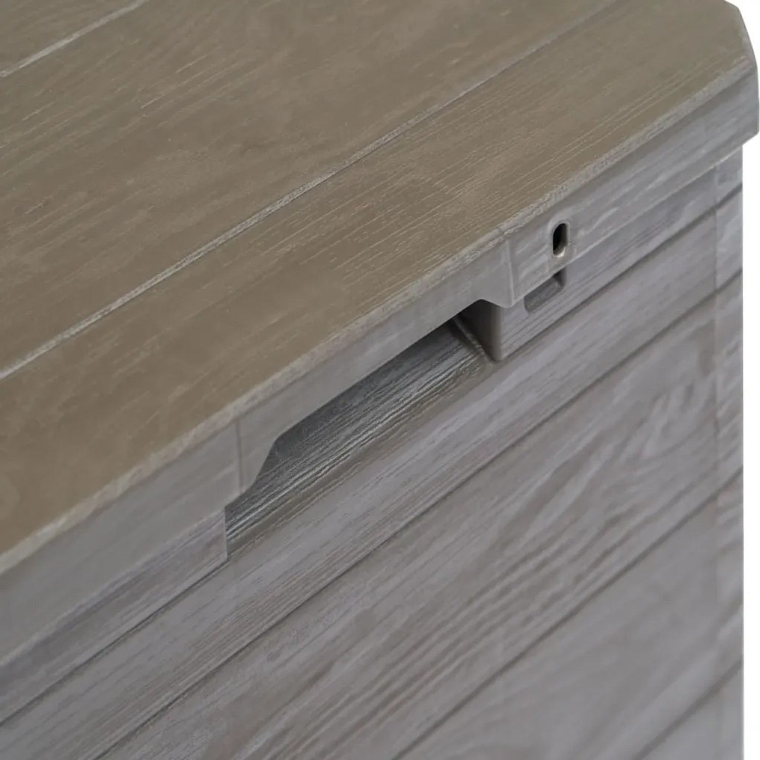 Braune VidaXL Garten-Aufbewahrungsbox (90 L) mit Holzoptik, Detailansicht.