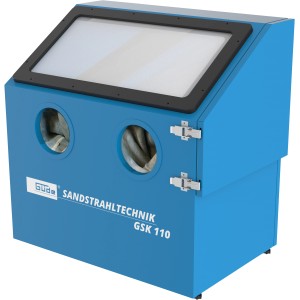 Blaue Güde Sandstrahlkabine GSK 110 für Kompressoren mit großem Sichtfenster.