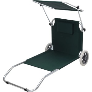 Strandbett in Grün mit Kissen und Sonnenschutz, Campingliege mit Rädern für einfachen Transport.