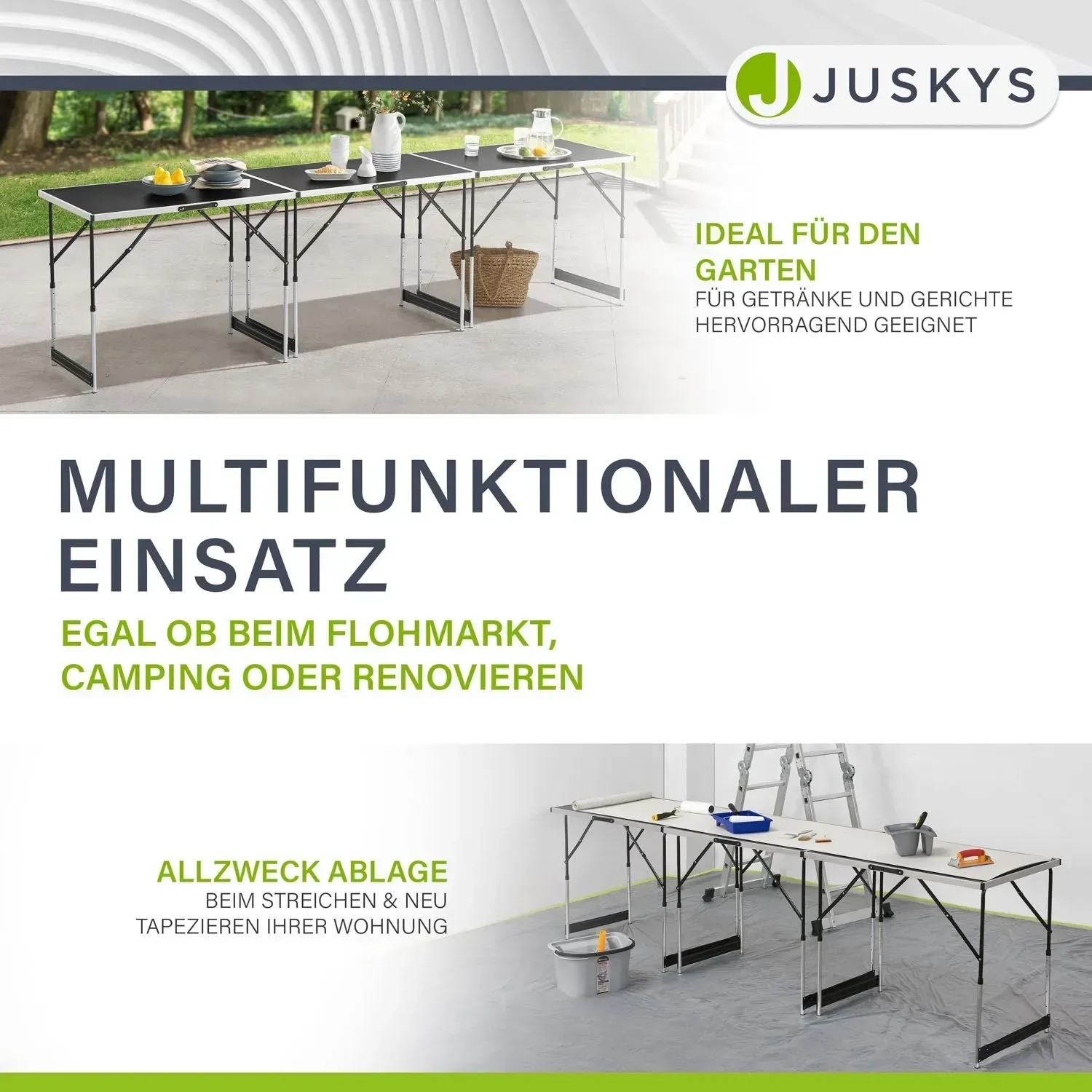 Juskys Multifunktionstisch 3er Set, höhenverstellbar und klappbar, für Flohmarkt, Camping oder als Tapeziertisch.