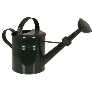 Grüne, lackierte Gießkanne aus Metall mit 5 Litern Fassungsvermögen.