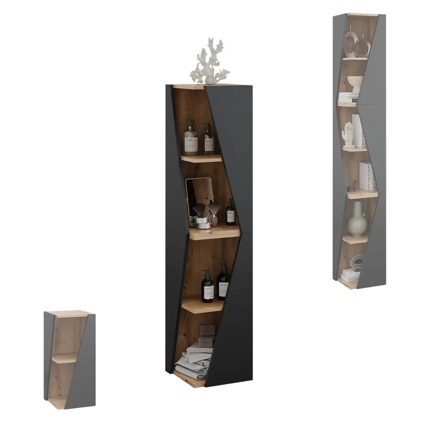 Vicco Badschrank Benno, Anthrazit/Eiche, 71 cm hoch, mit 3 Ablagen für Badutensilien.