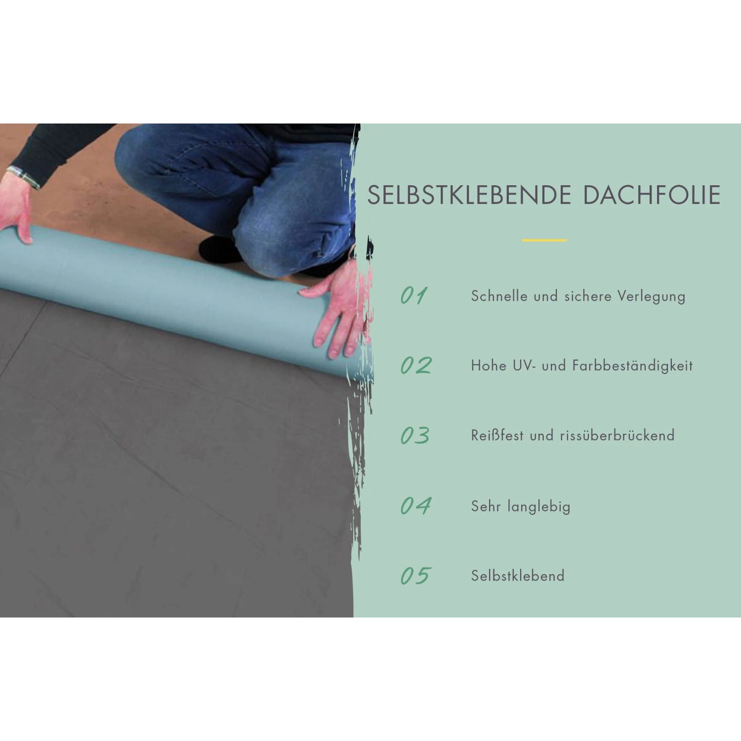 Selbstklebende Dachfolie wird ausgerollt. Dachabdichtung für Gartenhaus mit UV- und Farbbeständigkeit.