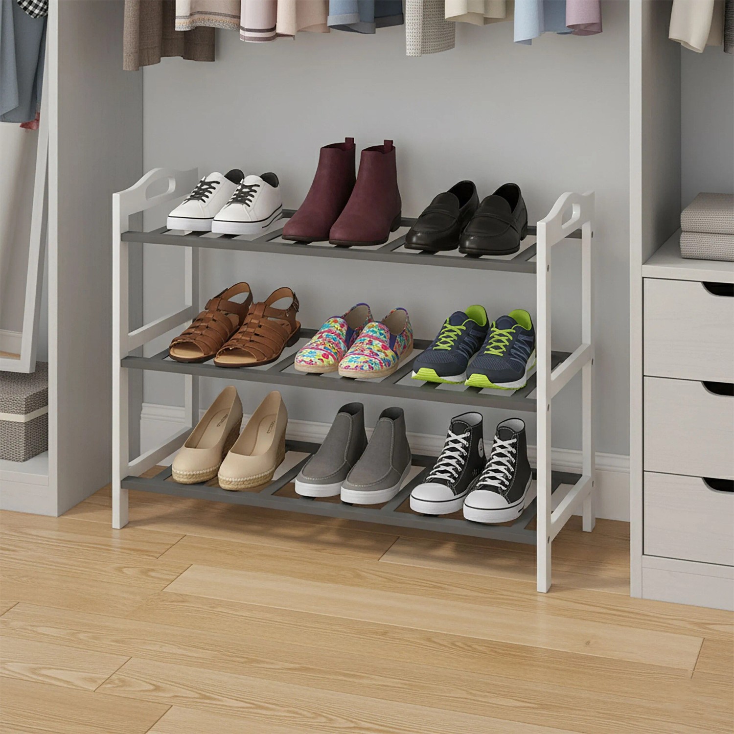 Relaxdays Schuhregal Bambus Weißgrau Platzsparend 48 cm x 70 cm x 25 cm_3