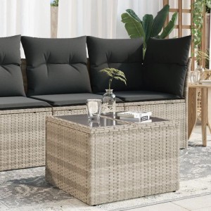 Hellgrauer vidaXL Gartentisch mit Glasplatte aus Poly Rattan, 55x55x37 cm.