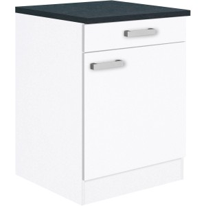 Optifit Unterschrank Salo214, 60 cm, weiß mit anthrazitfarbener Arbeitsplatte, Schublade und Drehtür.