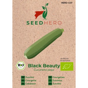 Seedhero BIO Zucchini Black Beauty Samenpackung mit Zucchini-Abbildung.