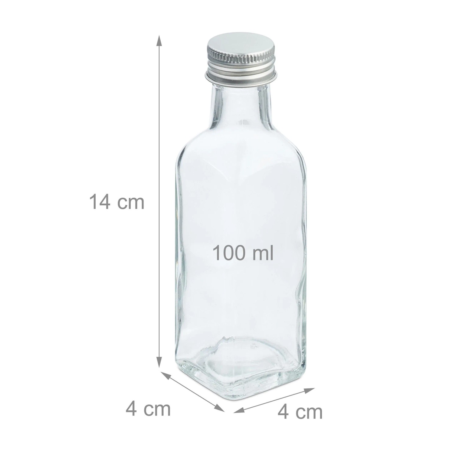 Transparente Glas-Miniflasche mit silbernem Schraubverschluss, 14 cm hoch, 100 ml. Ideal für Liköre, Öle.