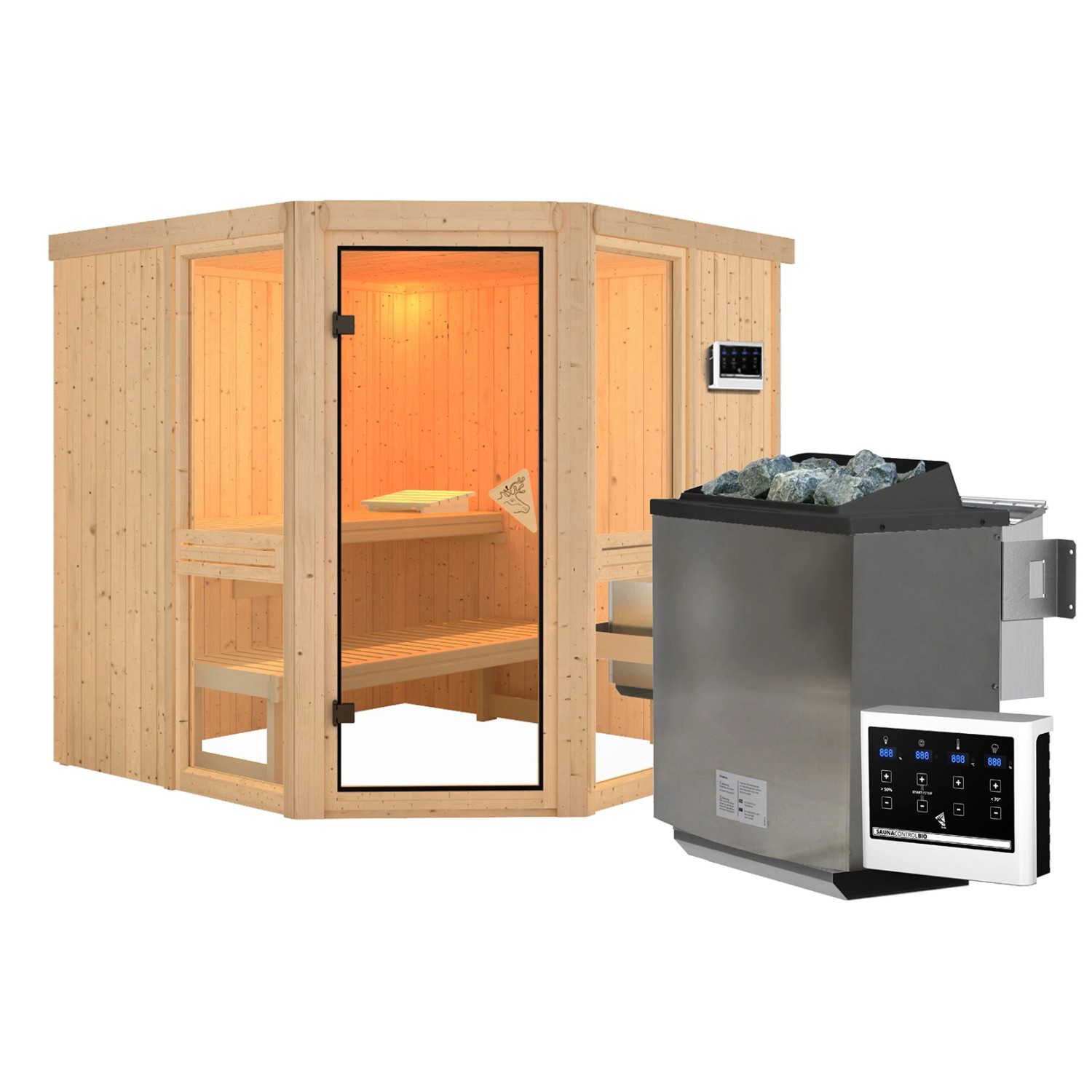 Karibu Sauna Anina 2 Zoll mit Ofen 9 kW Bio Extern Naturbelassen günstig online kaufen
