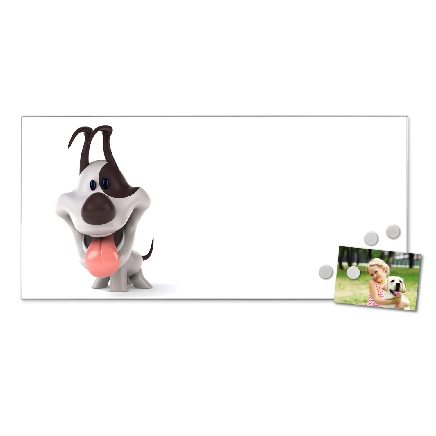 Silberne Magnettafel 78x37cm mit Comic-Hund Motiv, inklusive Magnete. Wanddekoration für Notizen und Fotos.