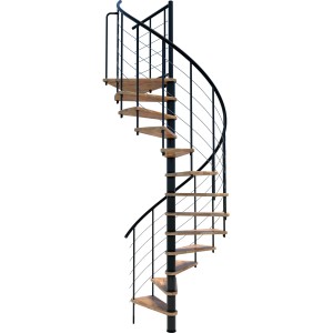 Schwarze Minka Spindeltreppe Venezia Smart mit Buchenholzstufen, spiralförmig gewendelt.