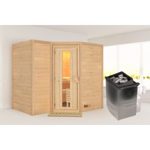 Karibu Sauna Steena 2 aus Fichte mit Ofen und integrierter Steuerung.
