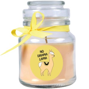 Gelbe Duftkerze im Glas mit Lama-Motiv und Vanille-Duft. Dekorative Kerze für entspannte Atmosphäre.
