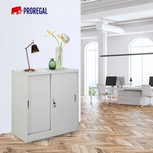 Lichtgrauer PROREGAL Aktenschrank ELEPHANT mit abschließbaren Schiebetüren in modernem Büro.