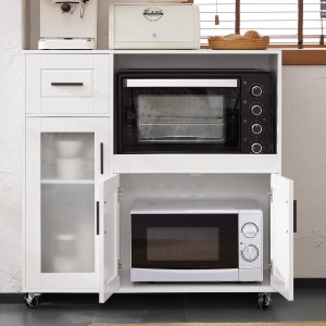 Weißes SoBuy Sideboard FSB78-W auf Rollen mit Schublade, Glas- und Holztüren, sowie Platz für Mikrowelle.