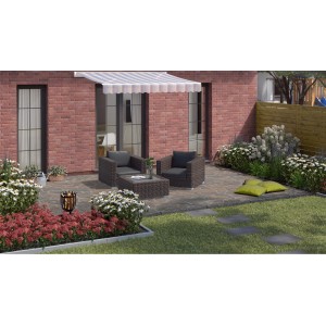 Verlegte Porphyr-Polygonalplatten rot-bunt (20-40mm) auf einer Terrasse mit Gartenmöbeln.