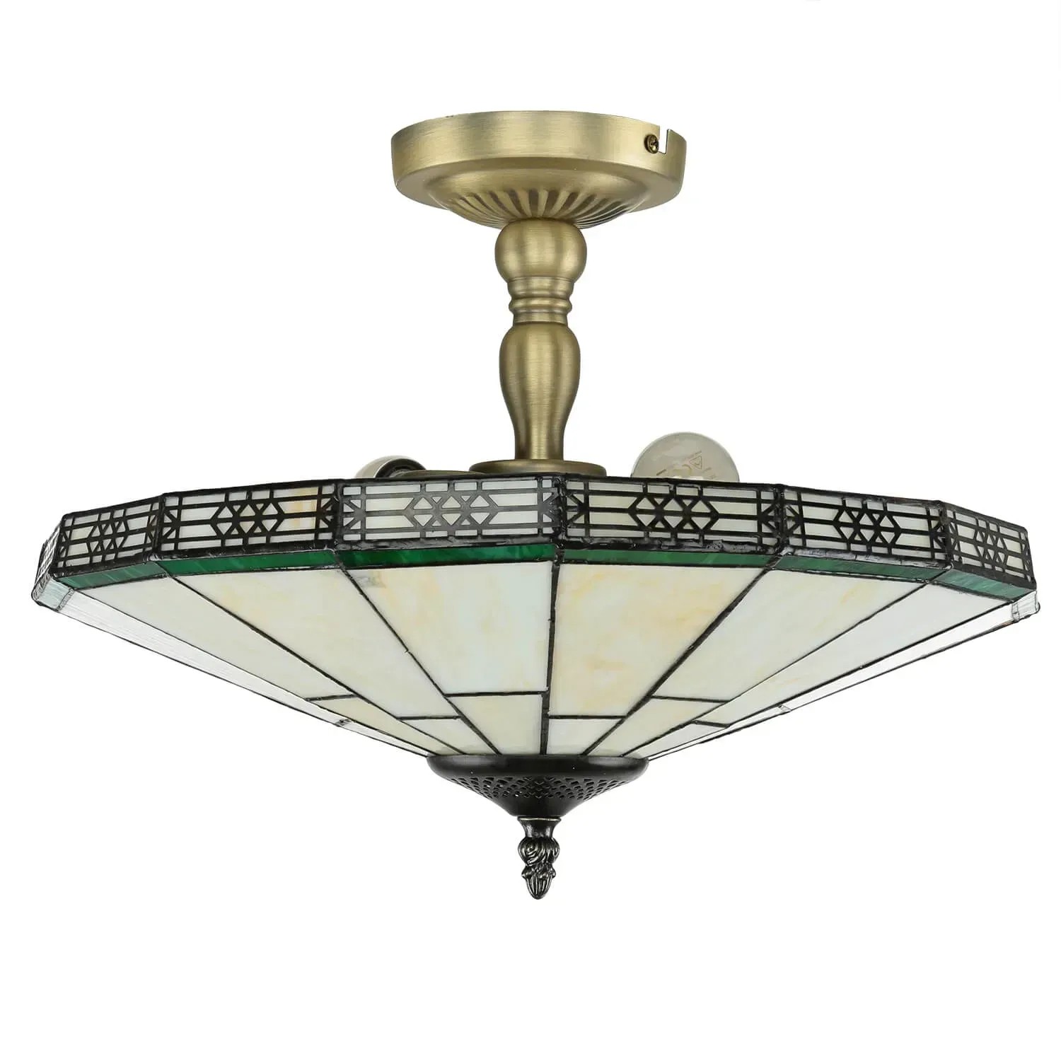 Deckenleuchte im Tiffany-Stil mit Buntglas in Weiß und Grün, Messing-Gestell.