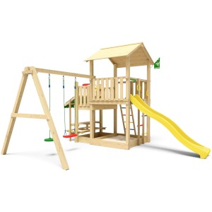 Jungle Gym Spielturm Skyline mit Doppelschaukel, gelber Rutsche und Picknick Modul aus Holz.