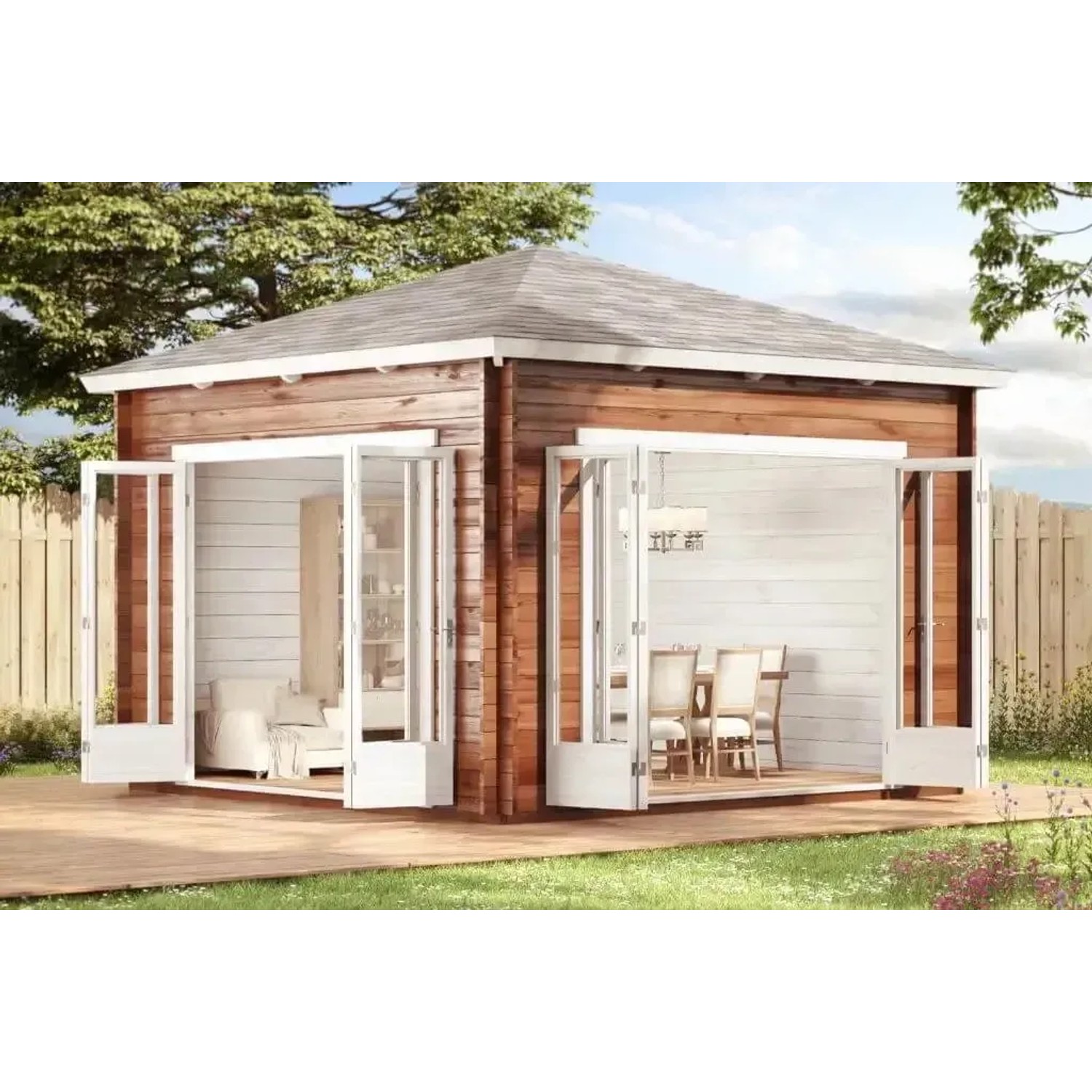 Unbehandeltes Alpholz Gartenhaus Sunshine mit Spitzdach und geöffneten Türen.