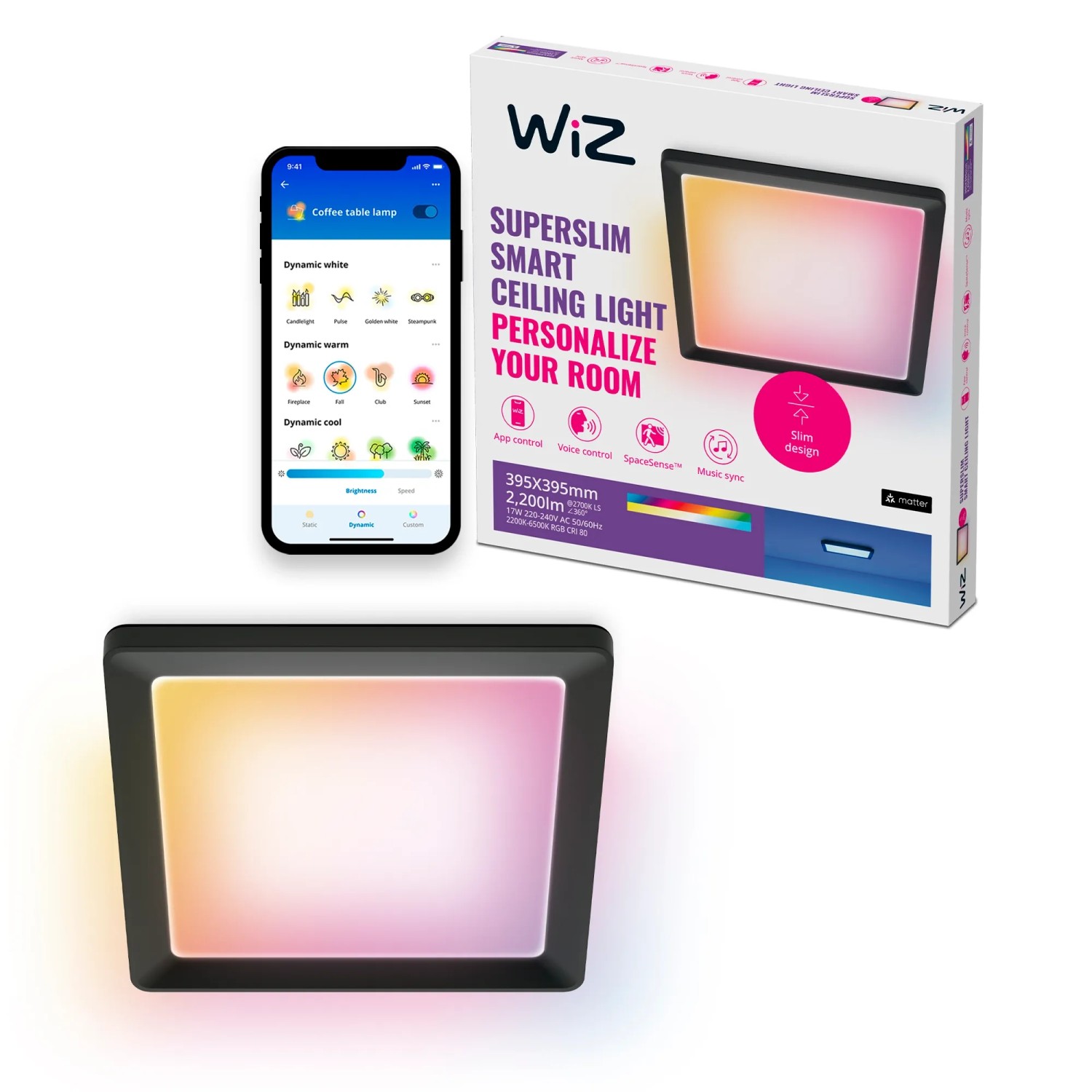 Schwarzes WiZ Deckenpanel, smarte LED Deckenleuchte mit App-Steuerung, 39,5x39,5cm.