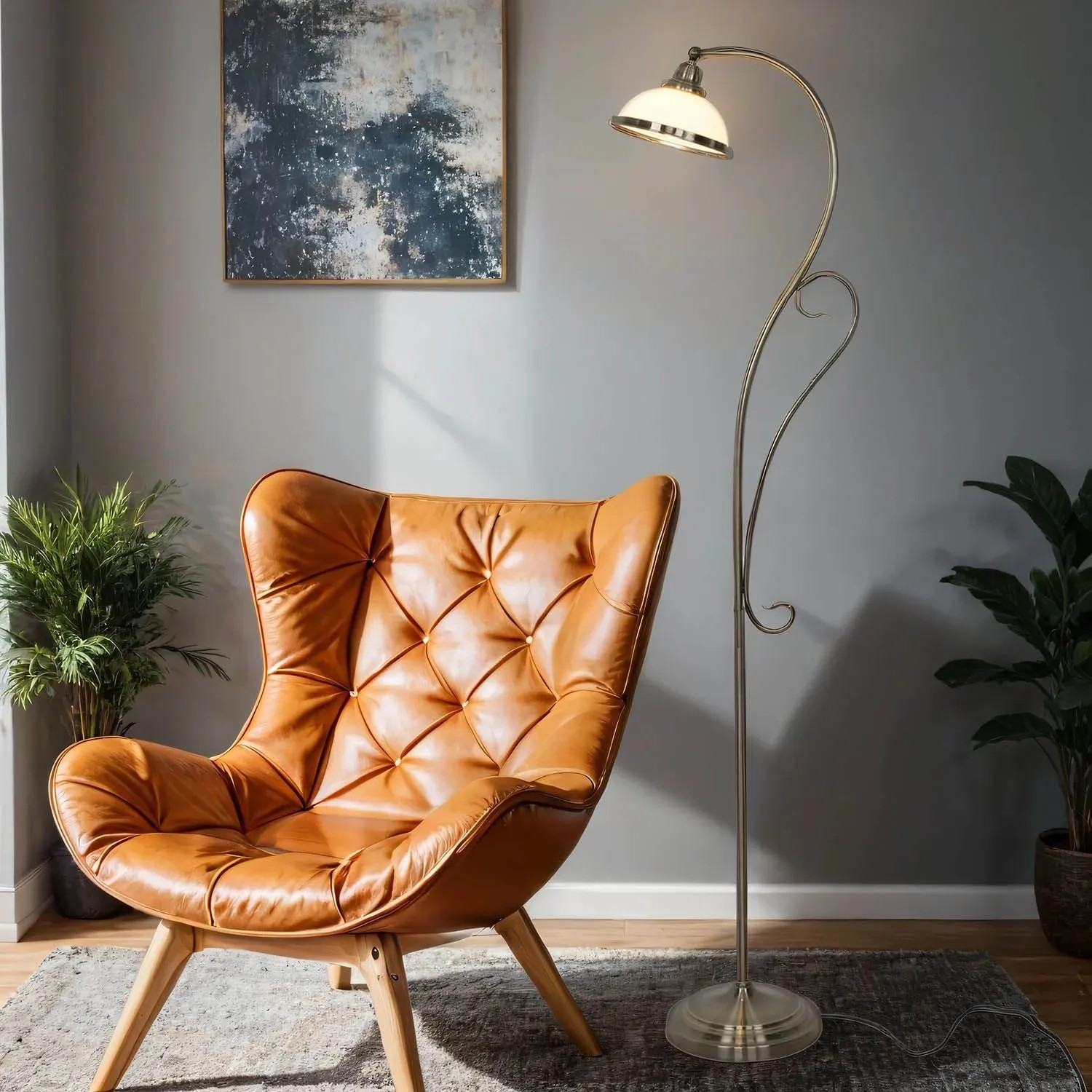 EASYLIGHT Stehlampe, gebogen, 159 cm, Messing Antik, E27, Jugendstil Design.