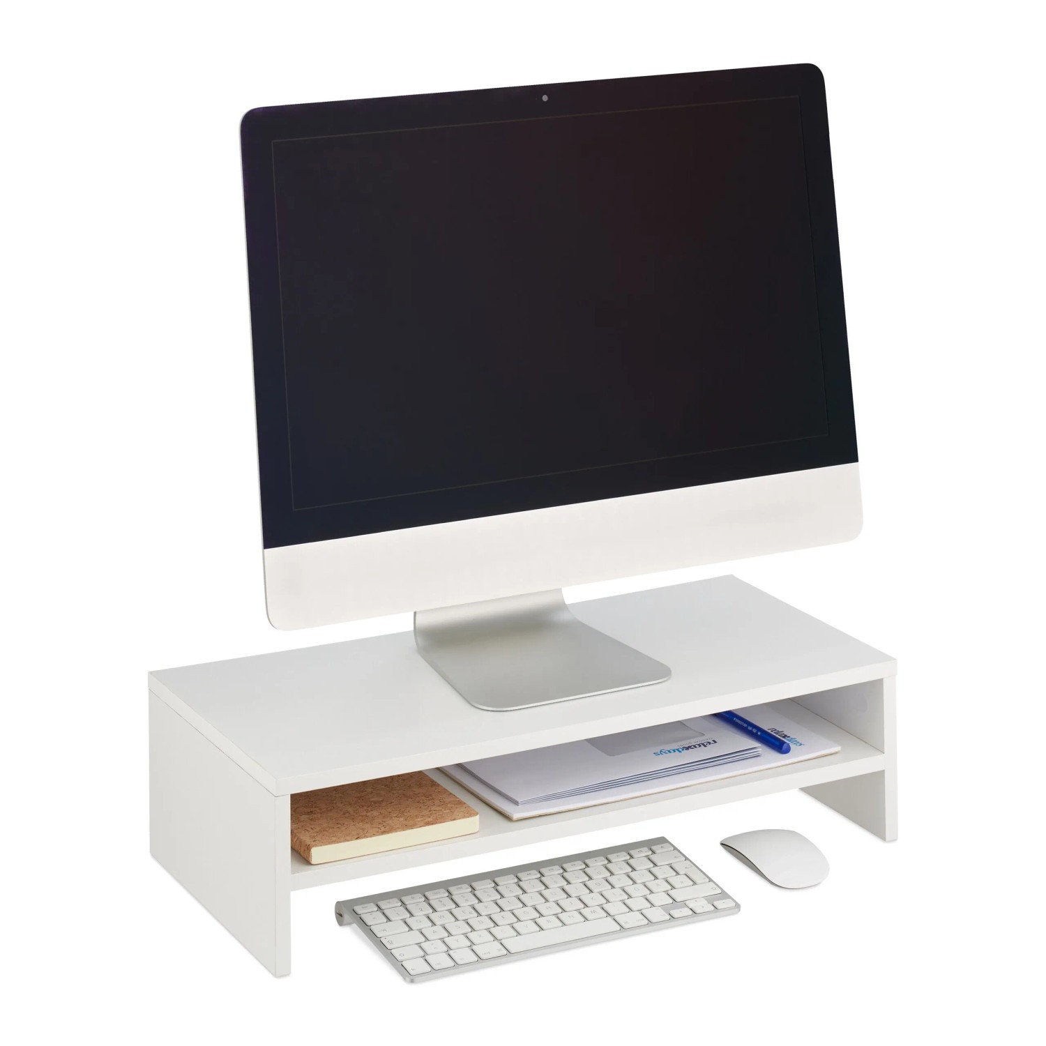 Relaxdays Monitorständer Holzwerkstoff Weiß mit Zusatzablage 14,5 cm x 54 cm x 25,5 cm 3,2 kg