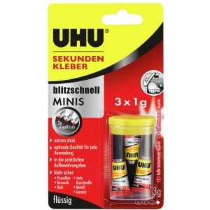 Uhu Sekundenkleber Blitzschnell Mini, 3 Tuben à 1g, ideal für schnelle Verklebungen im Haushalt.
