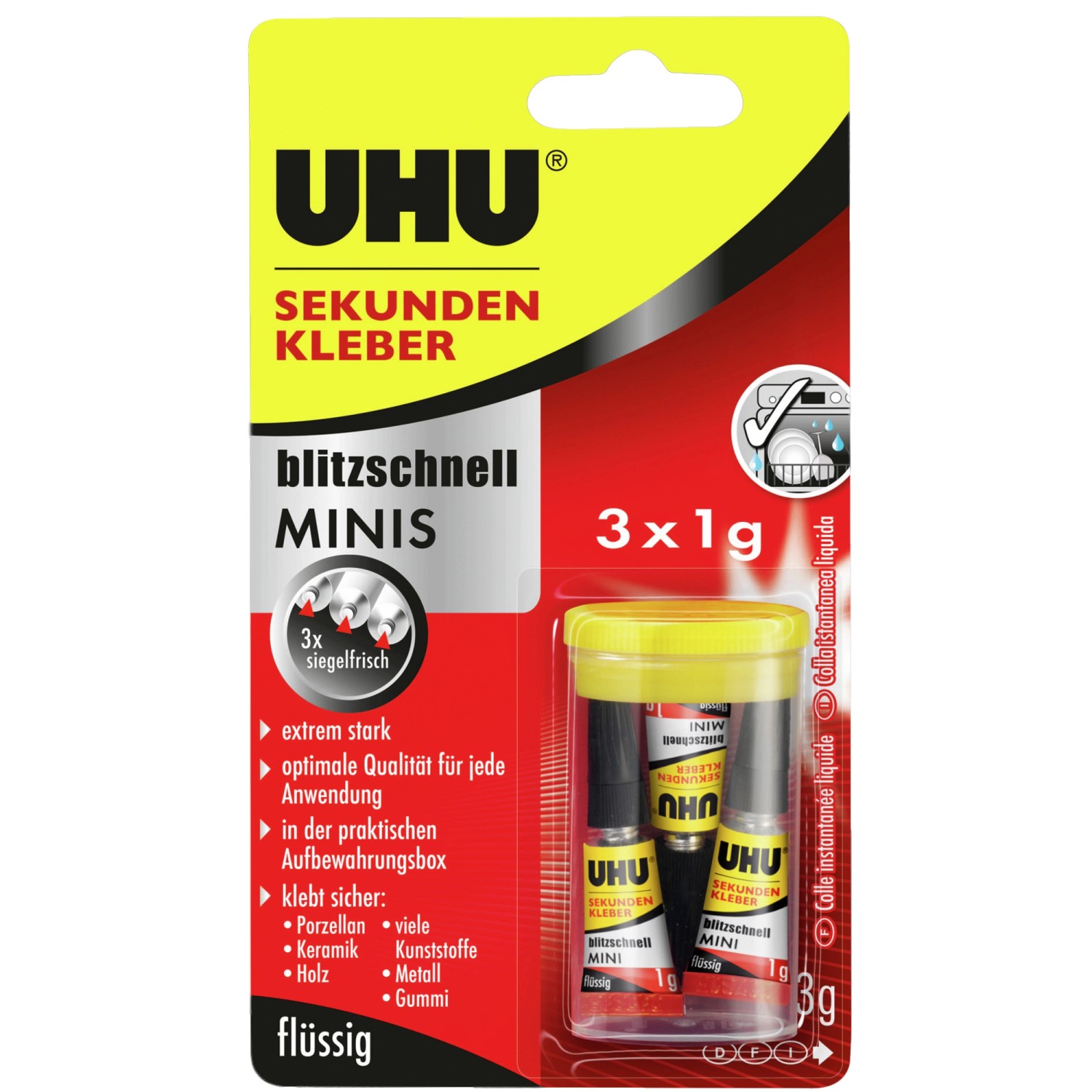 Uhu Sekundenkleber Blitzschnell Minis Flüssig 3 x 1 g mit Aufbewahrungsbox günstig online kaufen