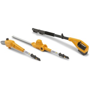 Stiga Akku-Multitool MT 100e mit Heckenscheren- und Hochentaster-Aufsatz, Akku und Ladegerät.