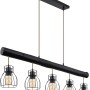 Globo Hängeleuchte Mina, 5-flammig, schwarz matt, Holz schwarz. Pendelleuchte im Industrial Design.