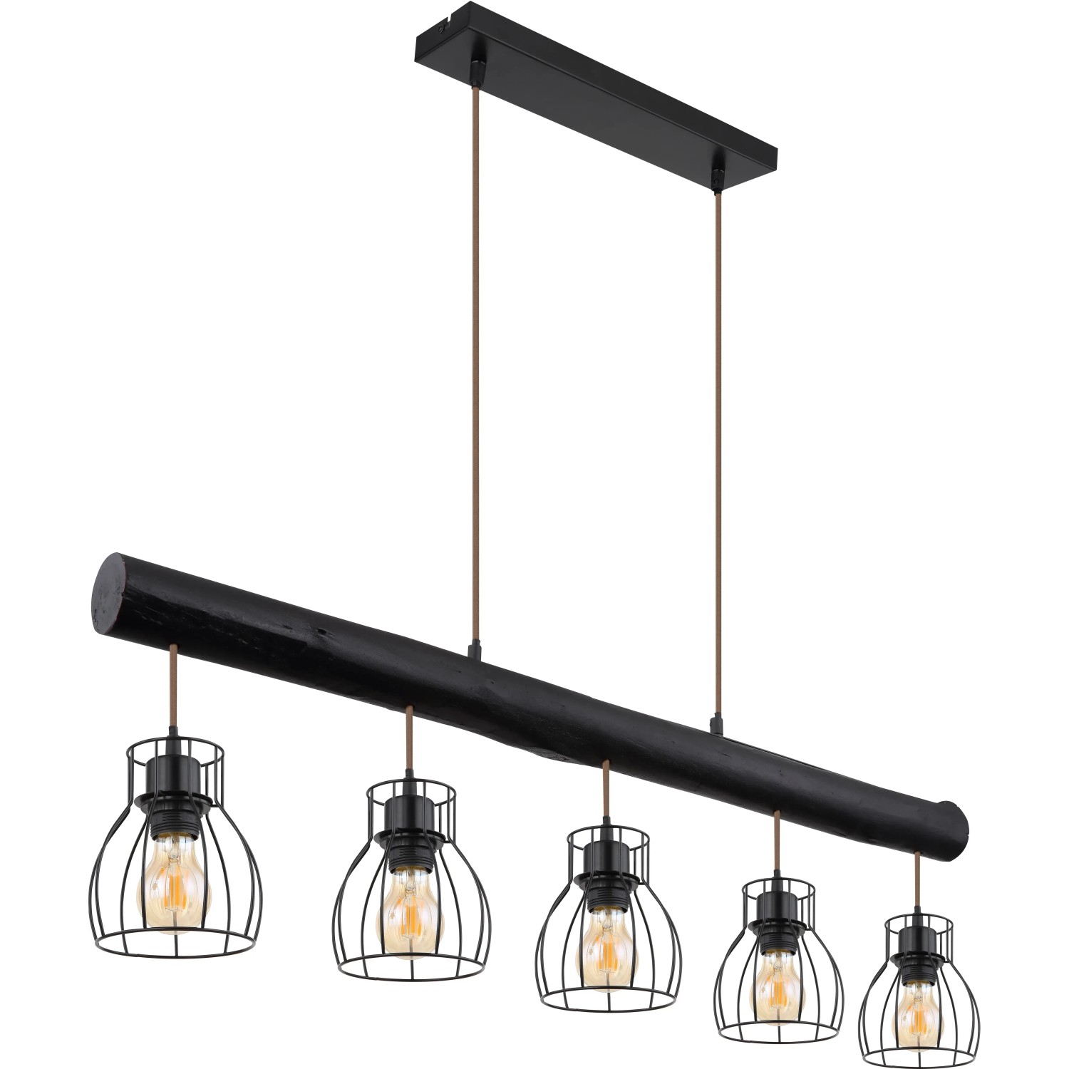 Globo Hängeleuchte Mina, 5-flammig, schwarz matt, Holz schwarz. Pendelleuchte im Industrial Design.