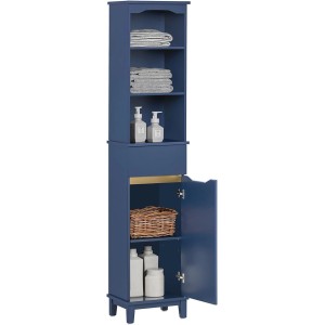 Blauer SoBuy Hochschrank BZR112-B mit Tür, Ablagen und Kiefernholzfüßen für Badmöbel-Sets.